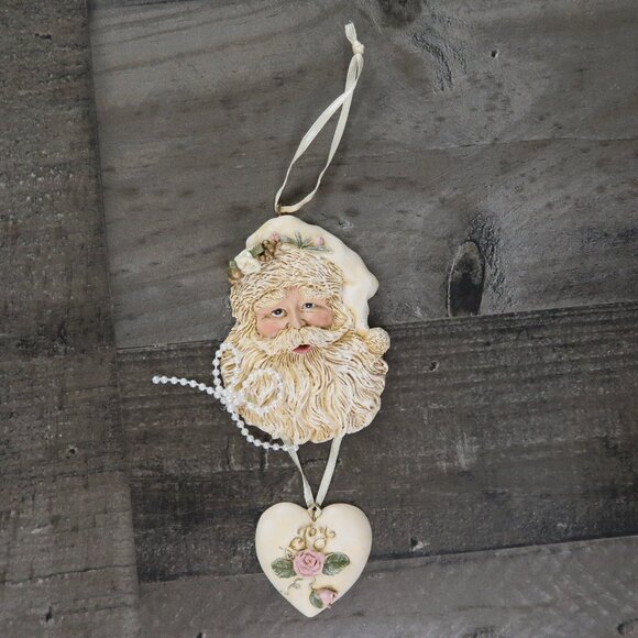 Kurt Adler Santa Claus Christmas Ornament Pearl & Roses Heart with Joy Hanging - Picture 1 of 5
